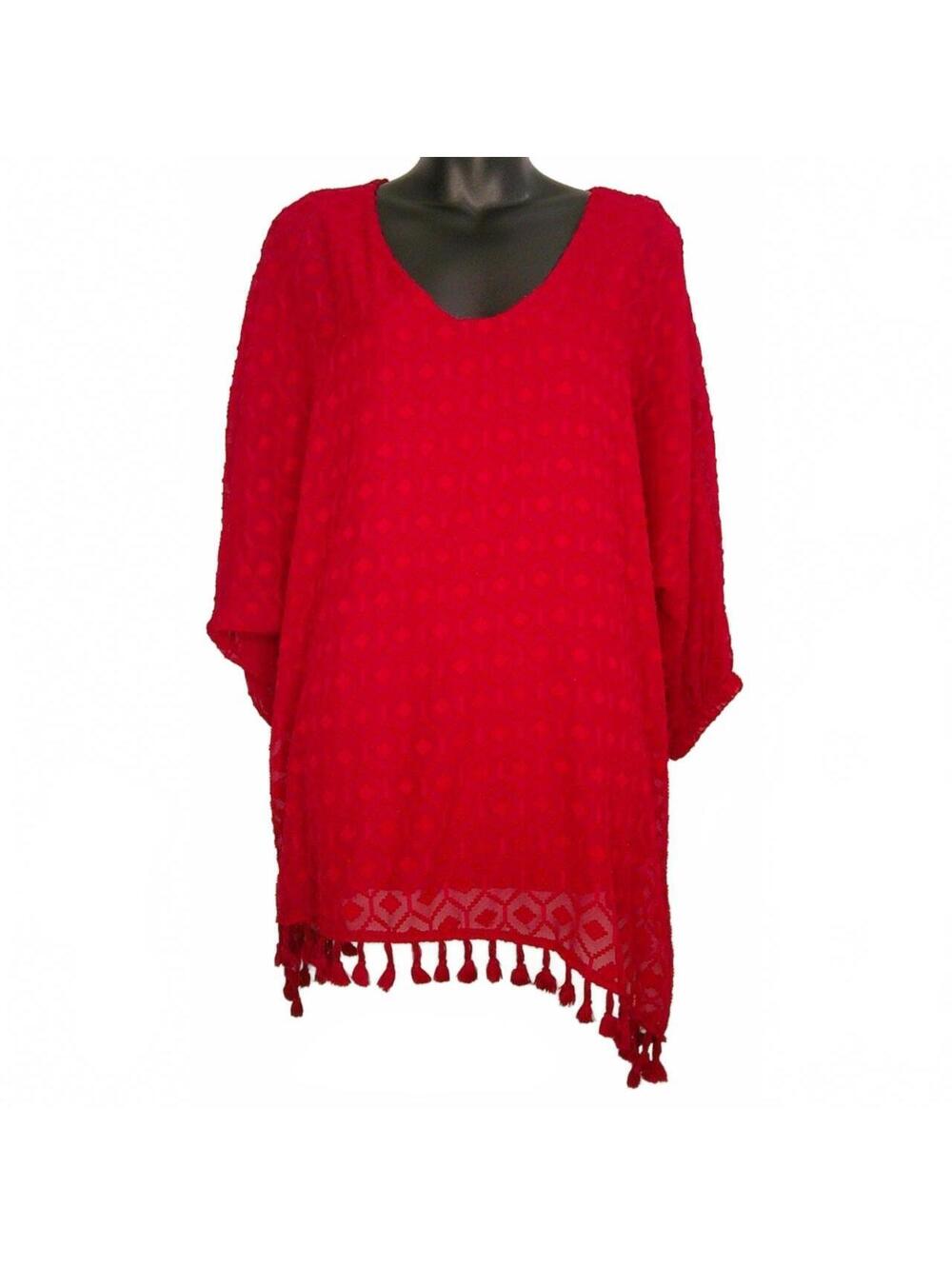 Democracy Women's Large V-Neck Poncho Tasseled Red Blouse